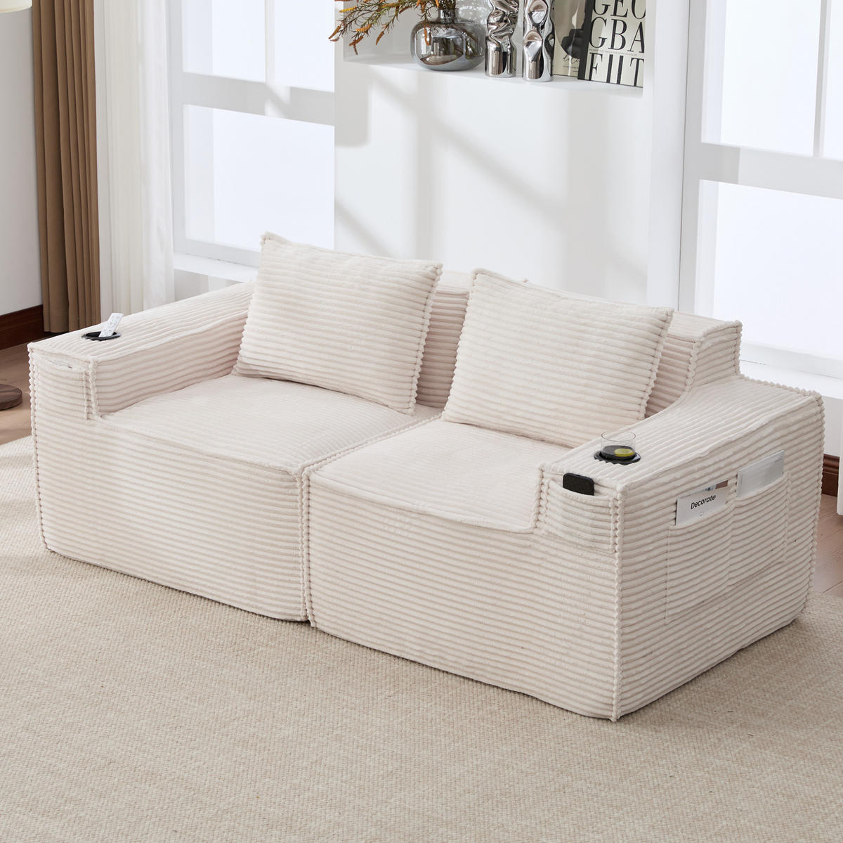 SOFA 2-Sitzer modular mit Getränkehaltern 188 cm Beige - Beige, Kunststoff (188/75/90cm) - Meubliv