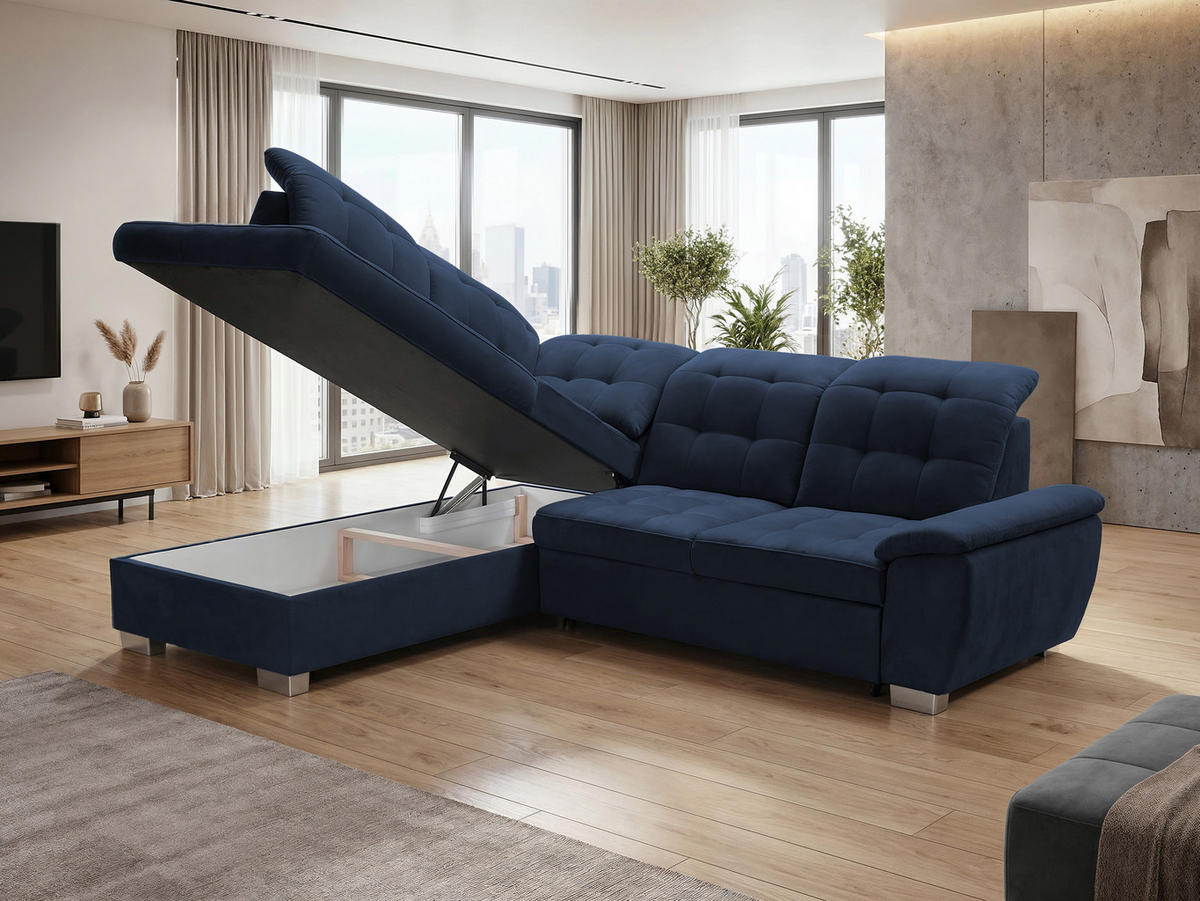 ECKSOFA LENO Links, mit Schlaffunktion und Bettkasten, Marineblau - Dunkelblau, Kunststoff/Textil (261/220cm) - Idohome