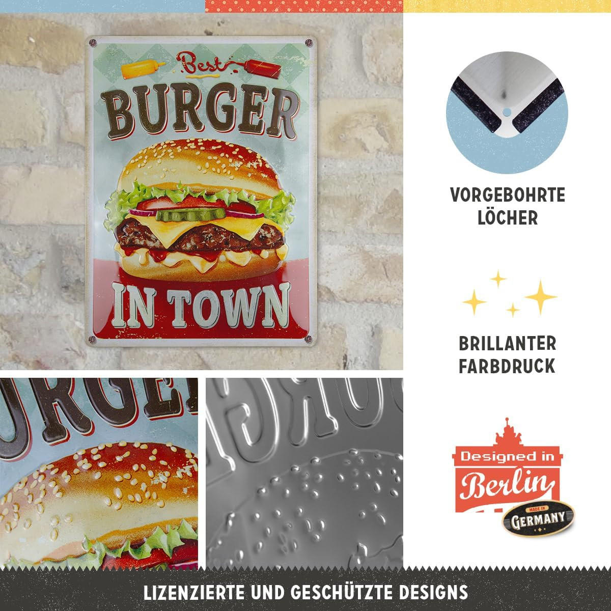 BLECHSCHILD 30/40 cm Best Burger in Town - Multicolor, Metall (30/40/0.2cm) - Nostalgic-Art