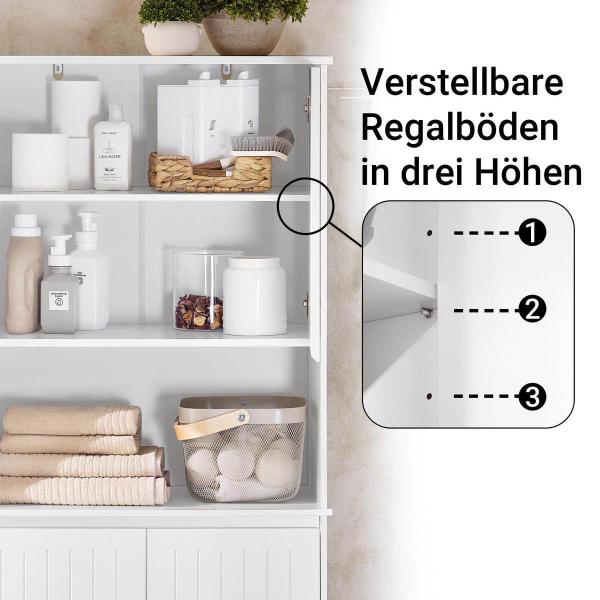 HOCHSCHRANK mit Wäschesack, Badschrank, 70x170x37cm - Weiß, Holzwerkstoff (70/170/37cm) - SoBuy