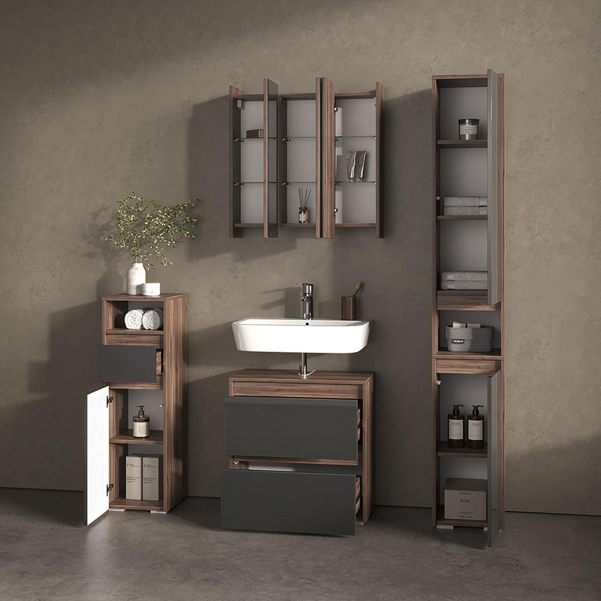 BADMÖBEL-SET Savuto Anthrazit 4 Teile - Anthrazit/Walnussfarben, Holzwerkstoff (60/62/30cm) - Livinity®