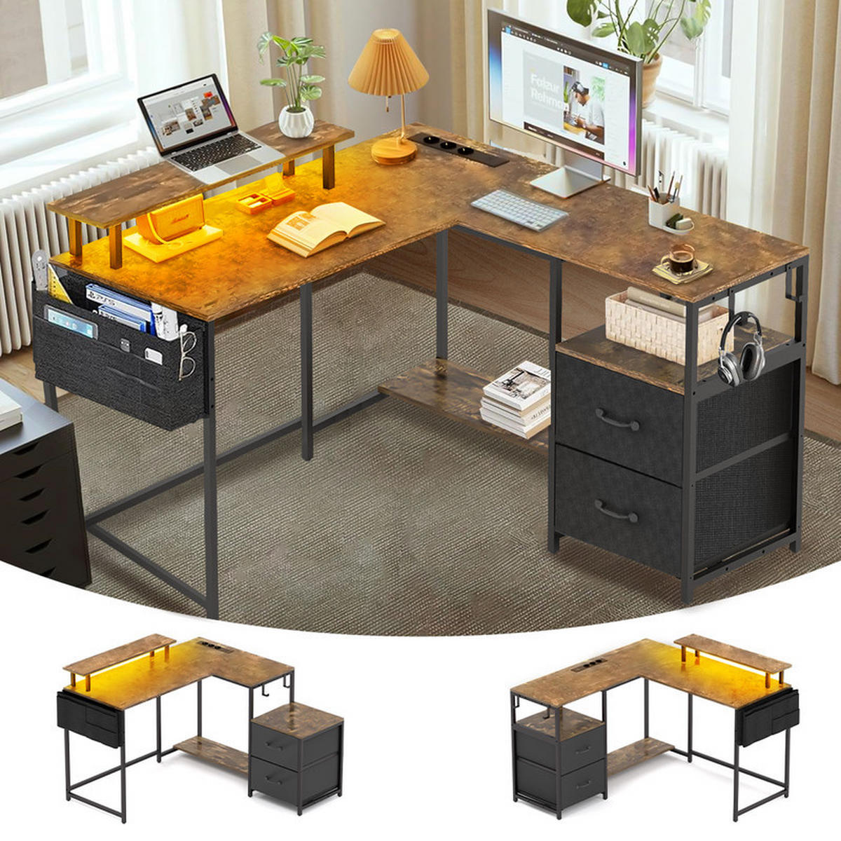 GAMINGTISCH L-förmig,120 x 120 x 75 cm,Eckschreibtisch mit Ablagefach,mit Monitorständer,2 USB mit 3 Buchsen,Braun - Braun, Metall (120/48/75cm)