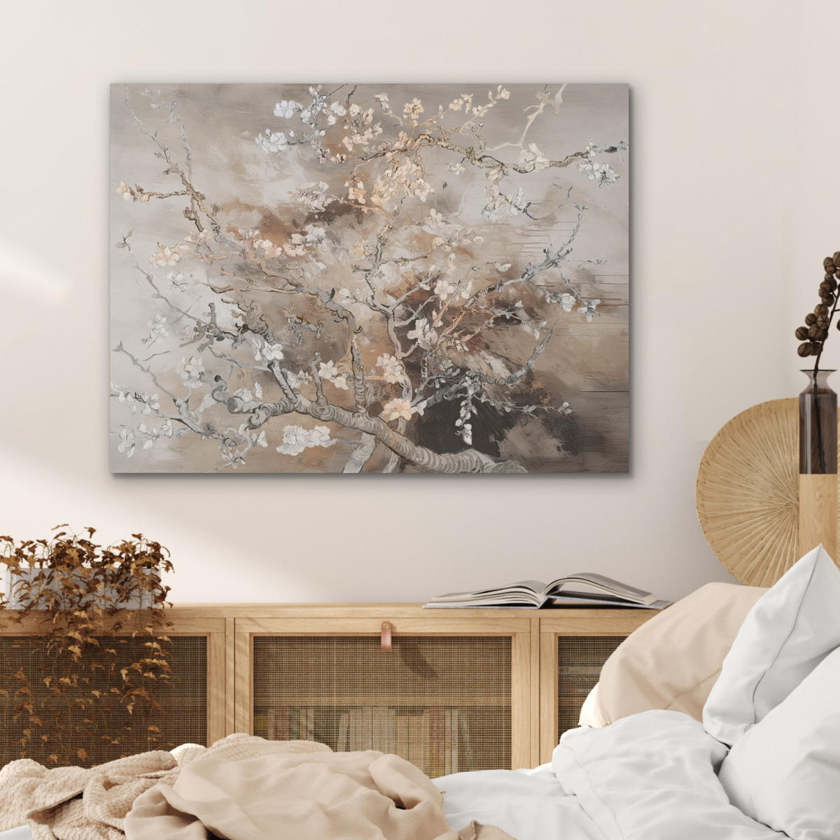 AKUSTIKPANEEL Mandelblüte - Kunst - Van Gogh - Beige - Abstrakt 80x60 cm - Braun, Textil (80/0.9cm) - MuchoWow