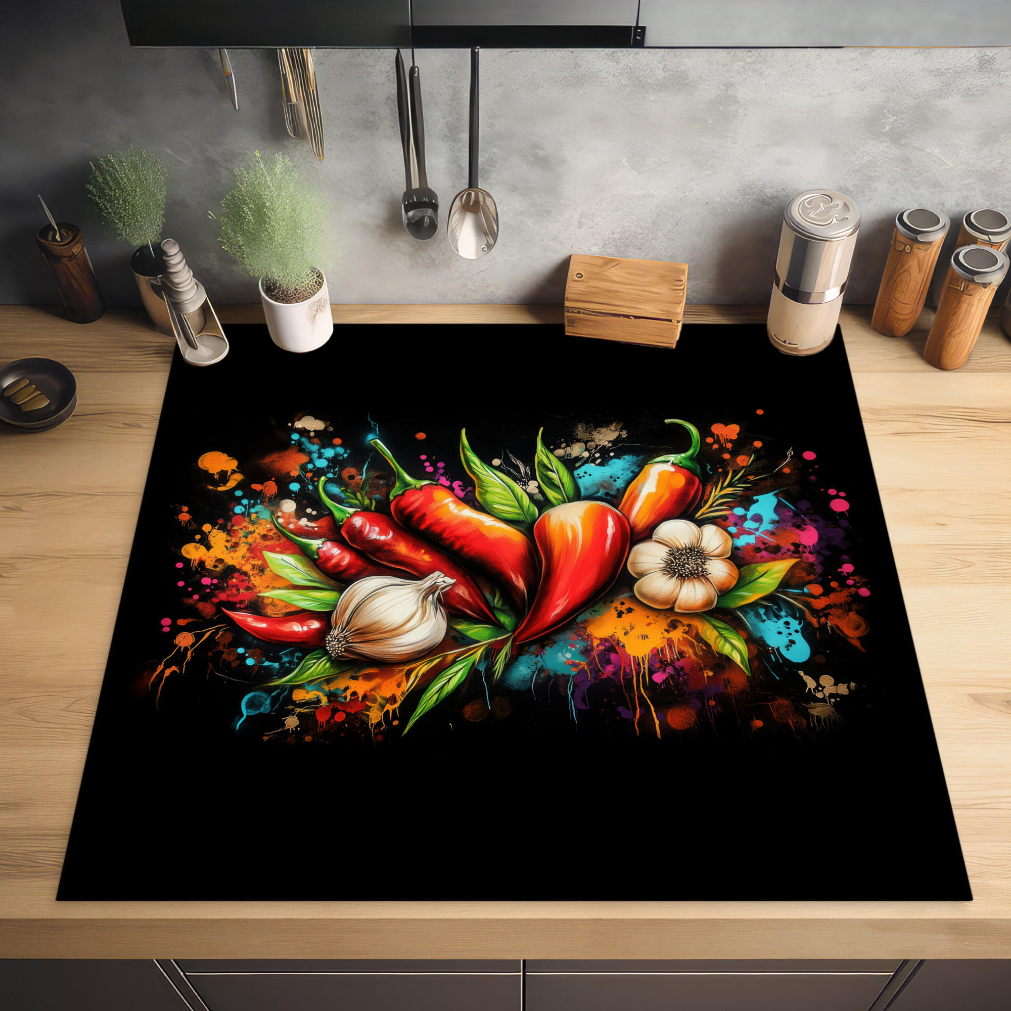 HERDABDECKPLATTE Gemüse - Paprika - Knoblauch - Graffiti - Farbe - Bunt 78x78 cm - Rot, Kunststoff (78/0.2/78cm) - MuchoWow