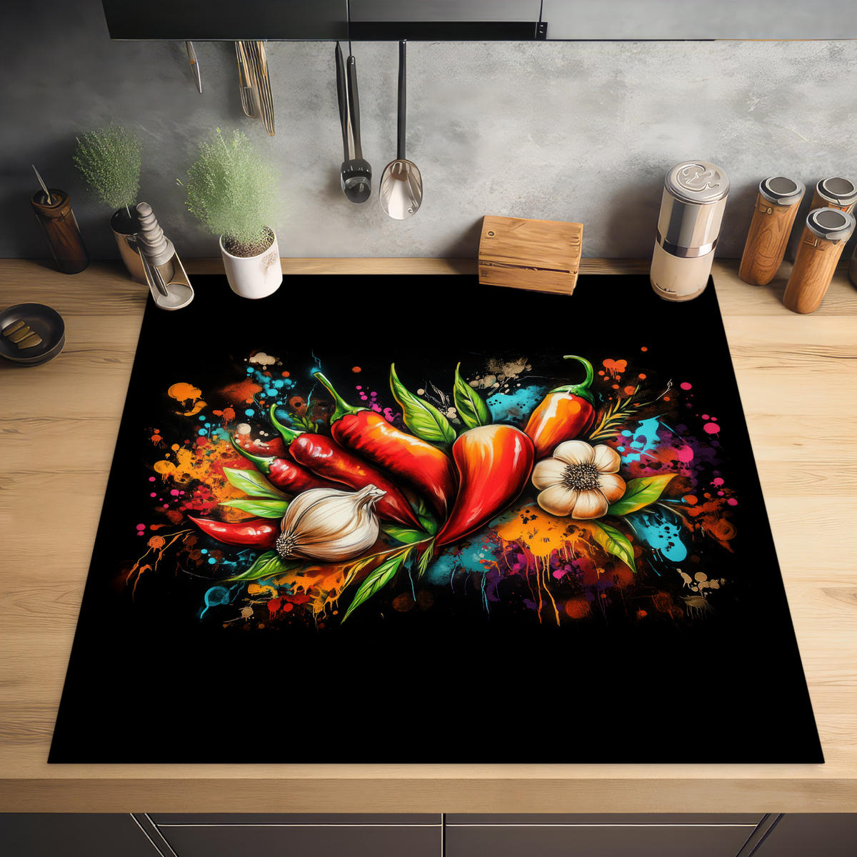 HERDABDECKPLATTE Gemüse - Paprika - Knoblauch - Graffiti - Farbe - Bunt 78x78 cm - Rot, Kunststoff (78/0.2/78cm) - MuchoWow