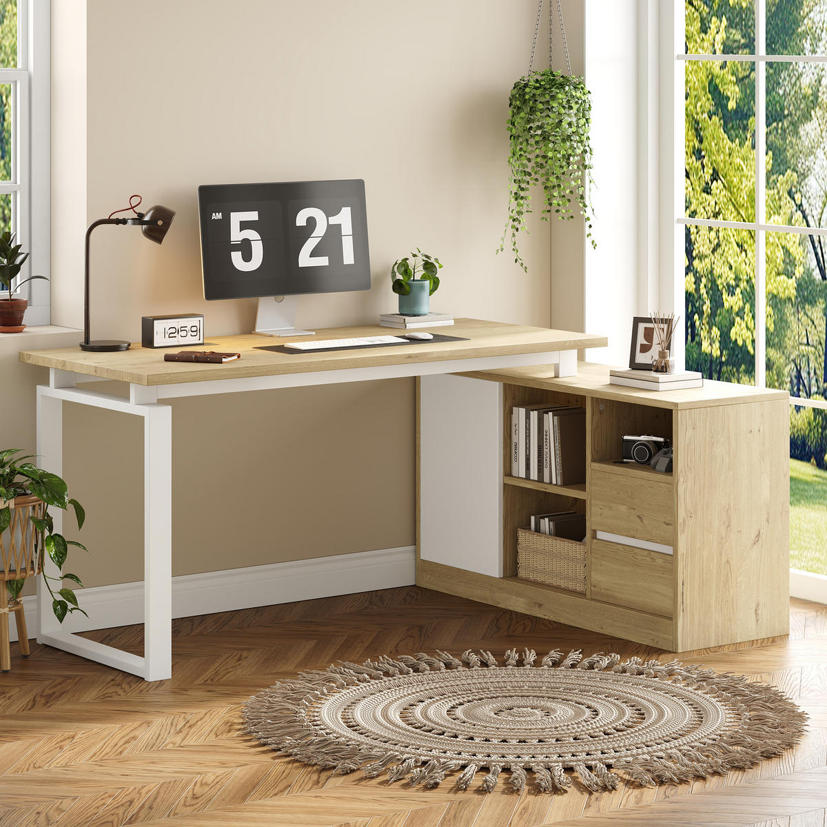 SCHREIBTISCH in Naturfarbe L-förmiger Bürotisch mit 2 Schubladen und verstellbaren Regalböden - Weiß/Naturfarben, Holzwerkstoff/Metall (40/113.5/76cm) - STILVORA