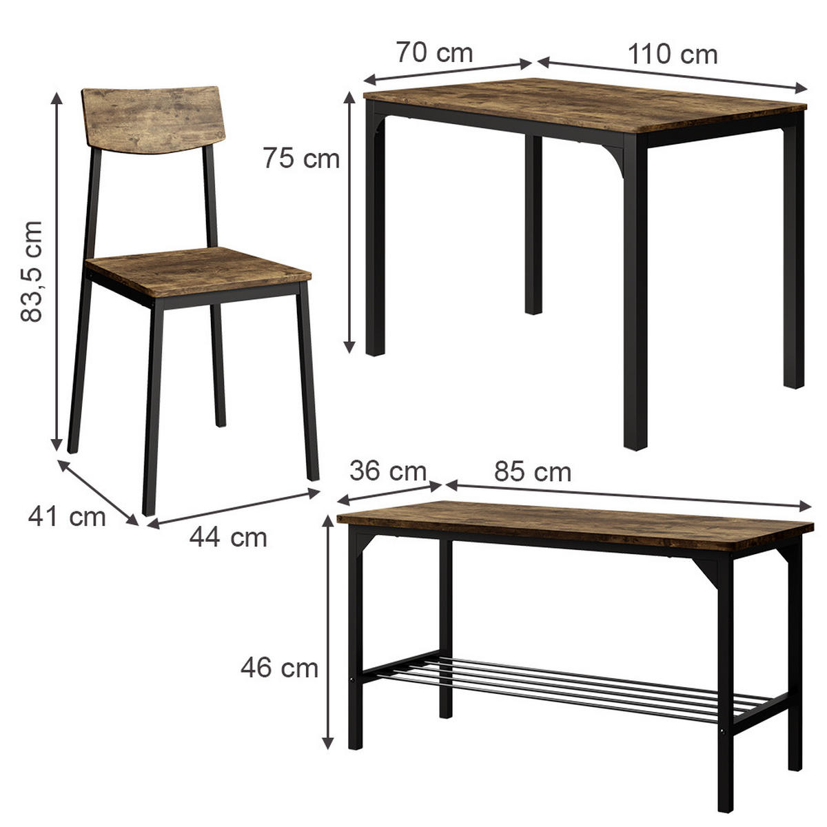 ESSTISCH-SET Fyrk Schwarz/Eiche rustikal 110 x 70 cm 4 Teile - Wildeiche/Schwarz, Holzwerkstoff (110/75/70cm) - Vicco