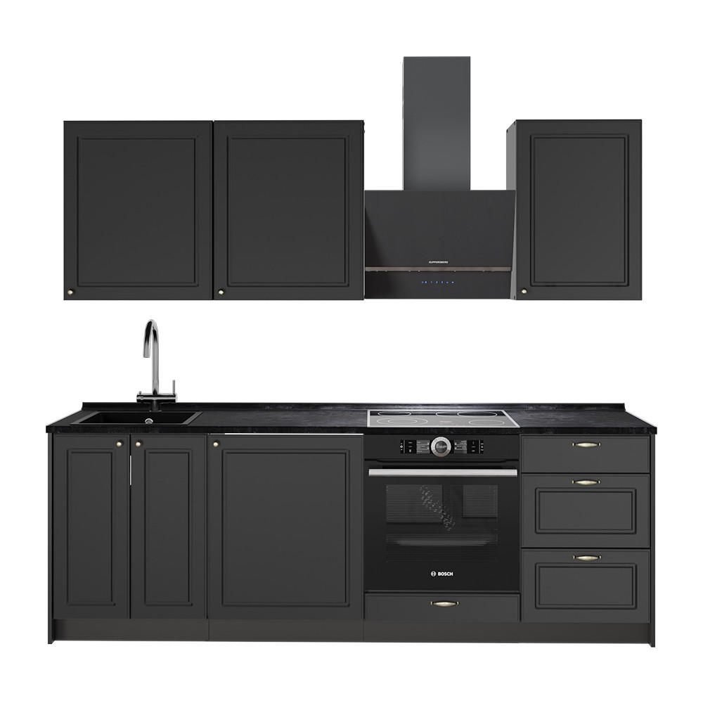 KÜCHENZEILE Fame-Line, Anthrazit-Gold Landhaus/Anthrazit, 230 cm, AP Anthrazit - Anthrazit, Holzwerkstoff (230/82/60cm) - Vicco