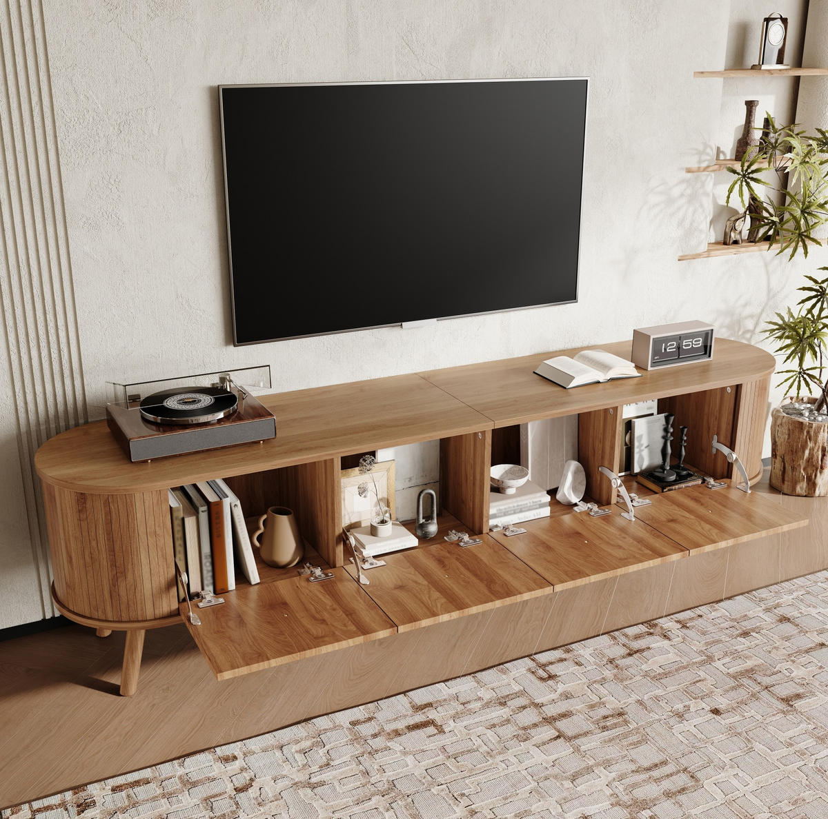 TV-SCHRANK aus MDF und Holzwerkstoff 180x38x47 cm Eichefarben mit Klapptüren und Stauraum im Vintage-Look - Braun, Holzwerkstoff (180/47/38cm) - Modfu