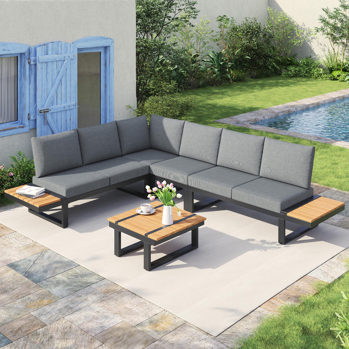 GARTENMÖBEL-SET 279/218/72 cm grau aus Stahl und Polyester mit Ablagen und verstellbarer Liegefunktion - Braun, Metall - OKWISH