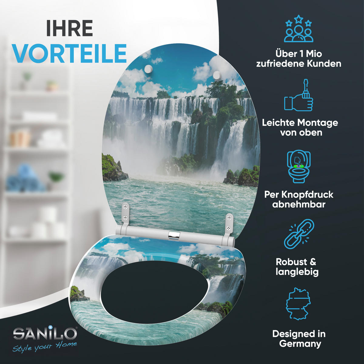 WC-SITZ mit Absenkautomatik & Top Fix Wasserfall - Blau, Holzwerkstoff (37.7/5.5/48cm) - Sanilo