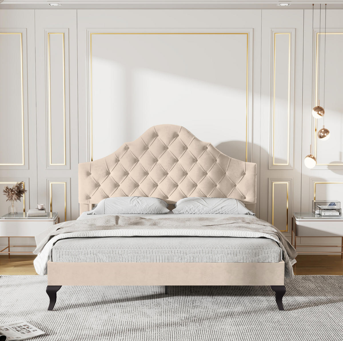POLSTERBETT aus Samt 140x190 cm Off-White mit höhenverstellbarem Kopfteil und Lattenrost - Beige, Textil (140/190cm) - Modfu