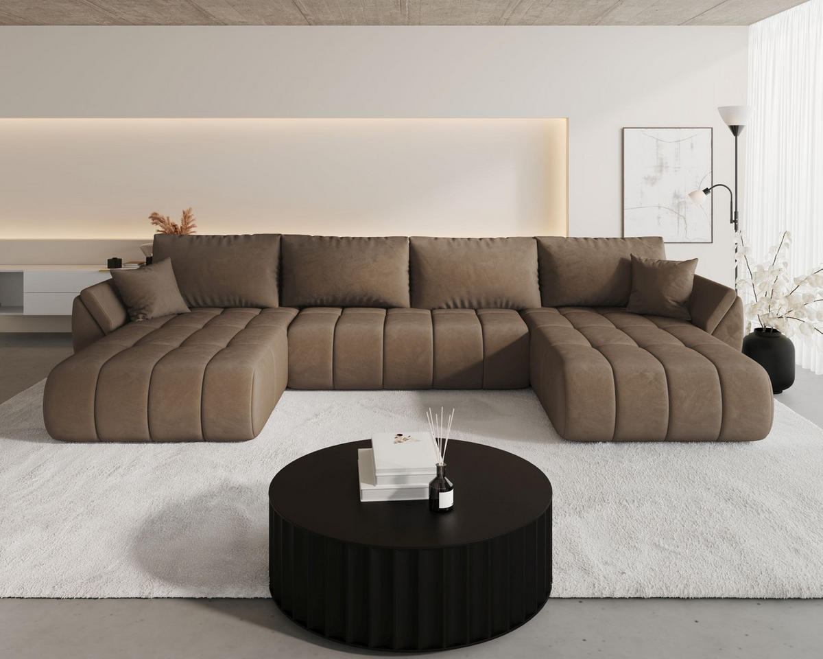 WOHNLANDSCHAFT SYDNEY PREMIUM U-Form braun Velours Monolith 9 - Schlaffunktion, Bettkasten - Braun, Textil (385/85/175cm) - Cornero
