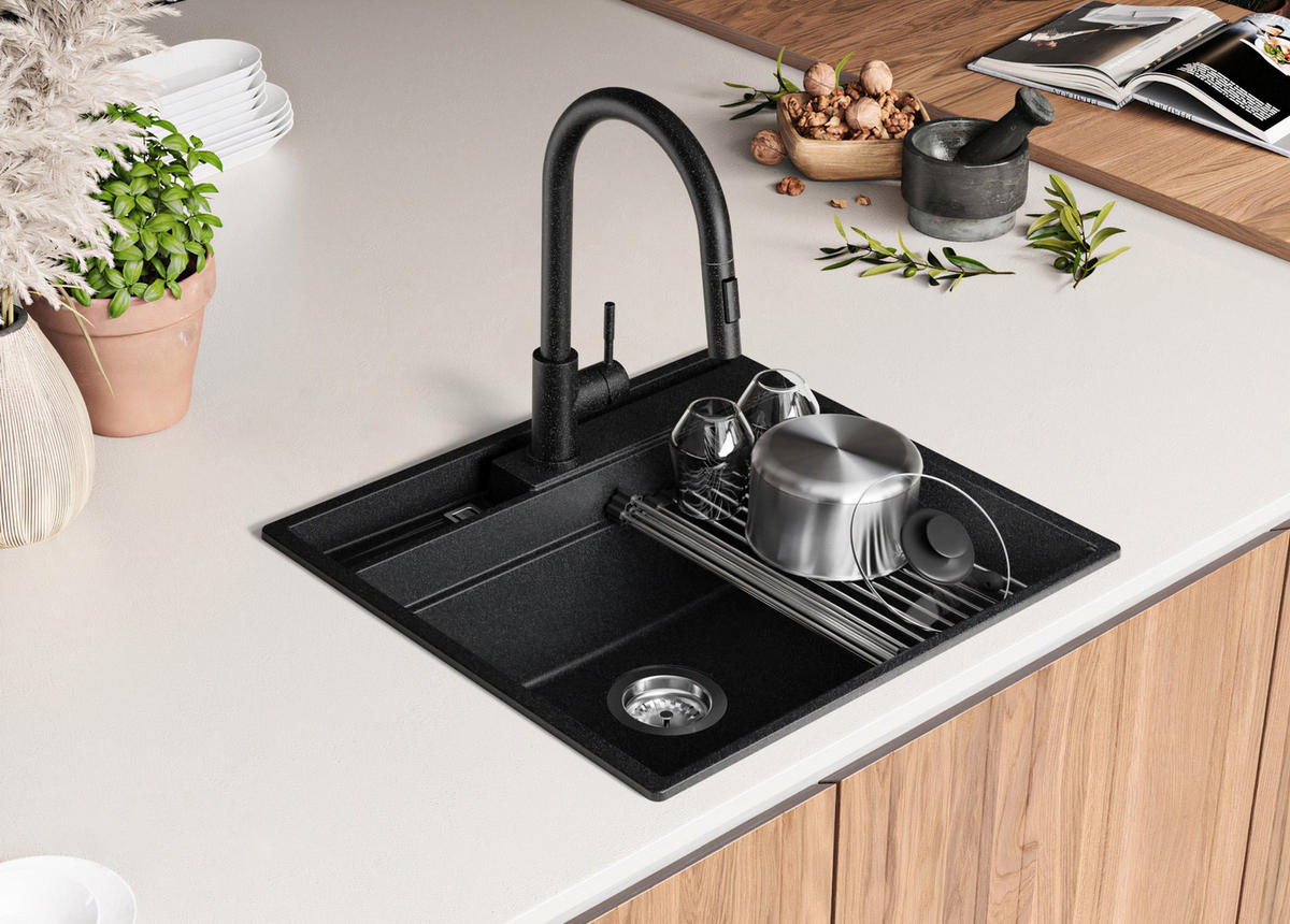 SPÜLBECKEN Oslo Pocket, 2-er set Anthrazit 58/53 cm 1 Becken + Ablauf-Set + Küchenzubehörset ab 60er Unterschrank - Chromfarben/Anthrazit, Kunststoff (58/20/53cm) - Primagran