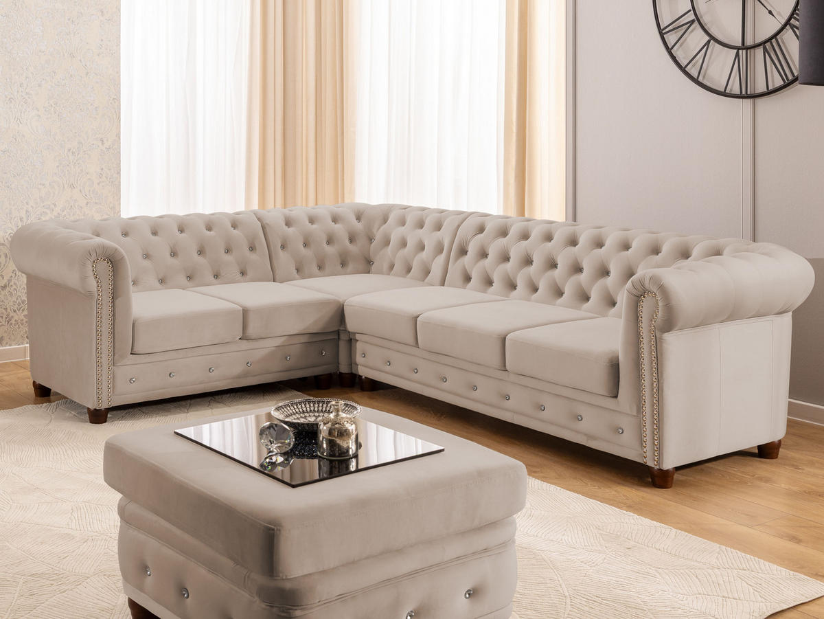 ECKSOFA mit Schlaffunktion Chesterfield Beige Samt mit Kristallsteppung und braunen Massivholzfüßen - Ottomane Links - Beige/Braun, Holz/Textil (264/210cm) - S-Style Möbel
