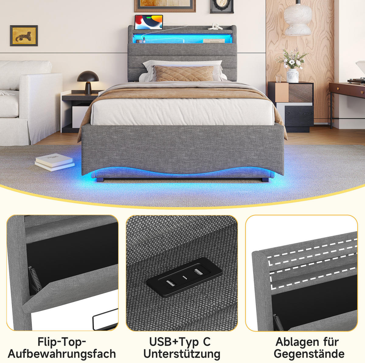POLSTERBETT 90/200 cm Grau aus Leinen mit LED-Beleuchtung und Stauraum - Grau, Textil (90/200cm) - OKMYHOME