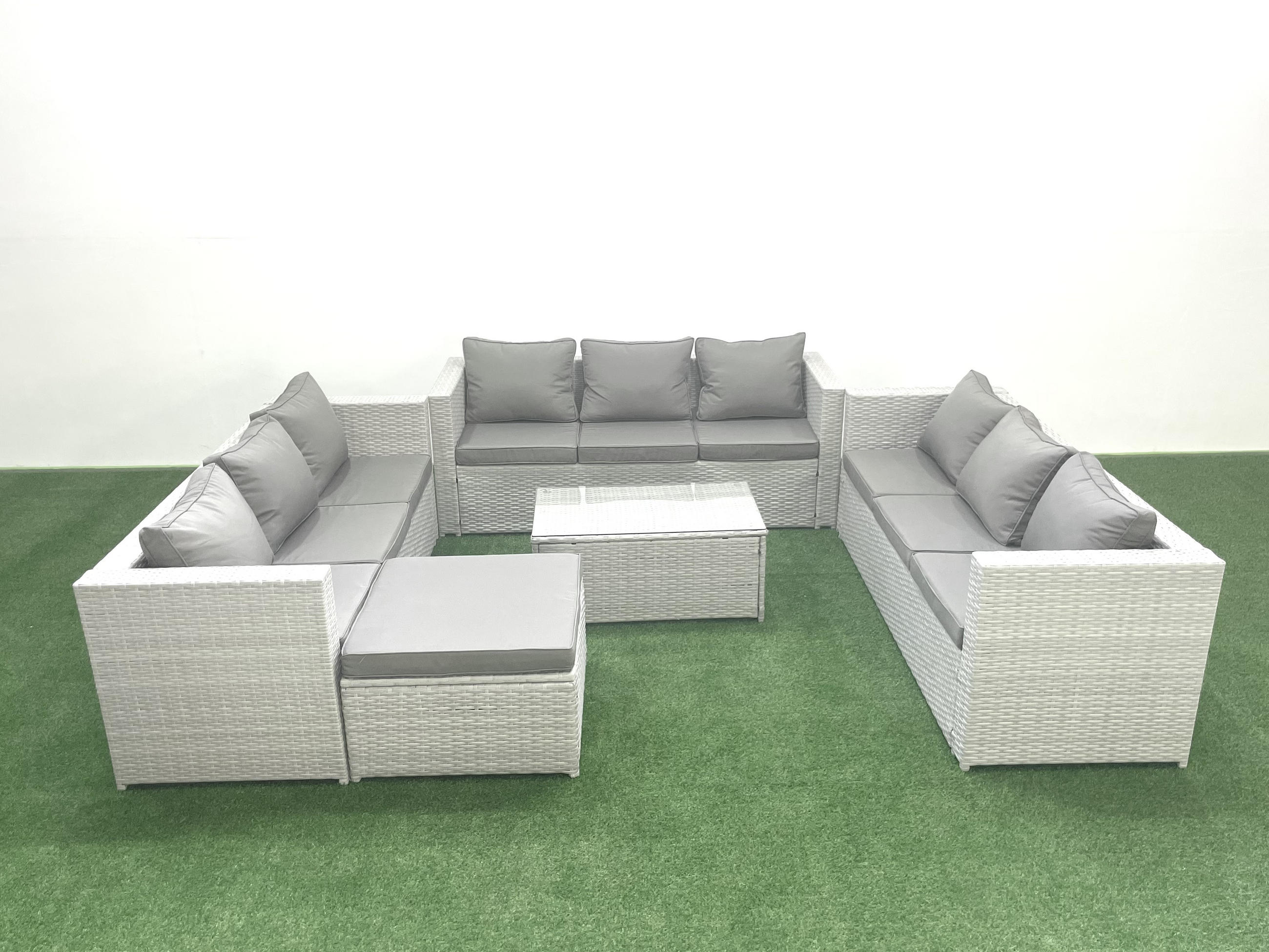 GARTENSET mit 3-SITZER SOFA,COUCHTISCH Polyrattan Hellgrau-Mix 10-Sitzer - Hellgrau/Grau, Glas/Kunststoff - Fimous
