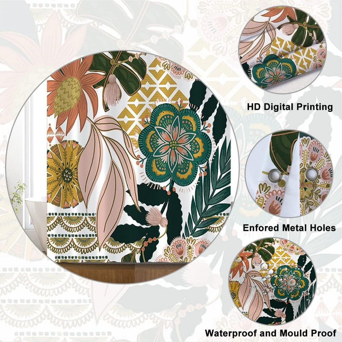 DUSCHVORHANG Rosa Boho Blumen Blatt Grün Badewanne schimmelresistent wasserdicht Stoff waschbar Badezimmer - Multicolor, Textil (180/180cm) - MCBOSON