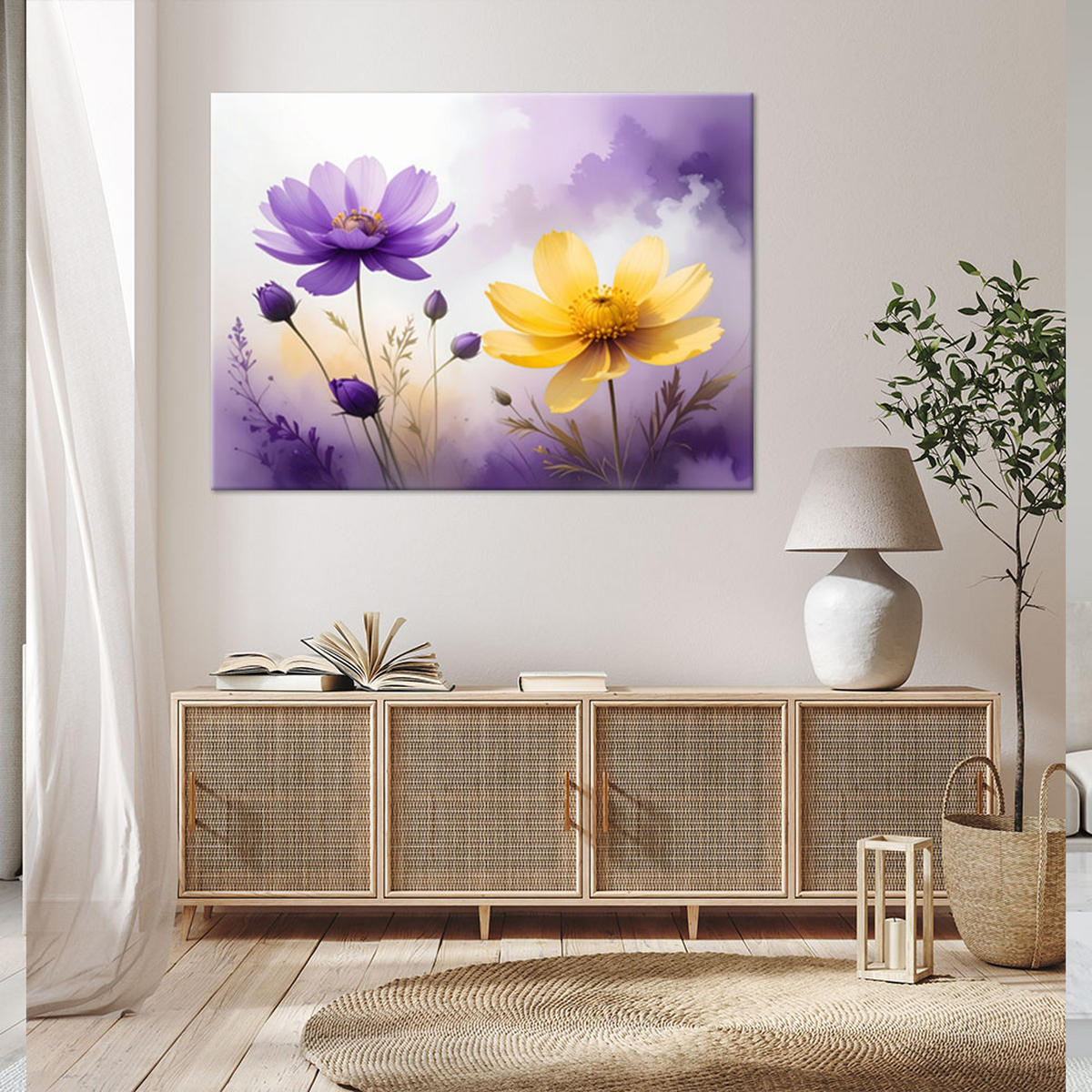 BILD auf Leinwand, Lila und gelbe Blumen in leuchtender Aquarellmalerei - Lila, Textil (90/60cm) - Feeby