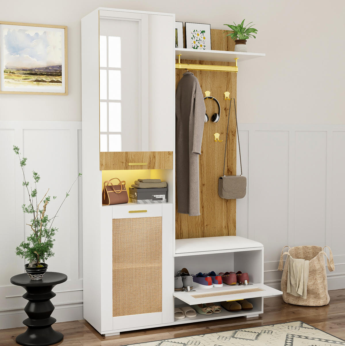 GARDEROBENSET 110/38/190 cm aus MDF und Spanplatte mit Spiegel und LED-Beleuchtung Weiß/Holzoptik - Weiß, Holzwerkstoff (38/190/110cm) - Modenvie