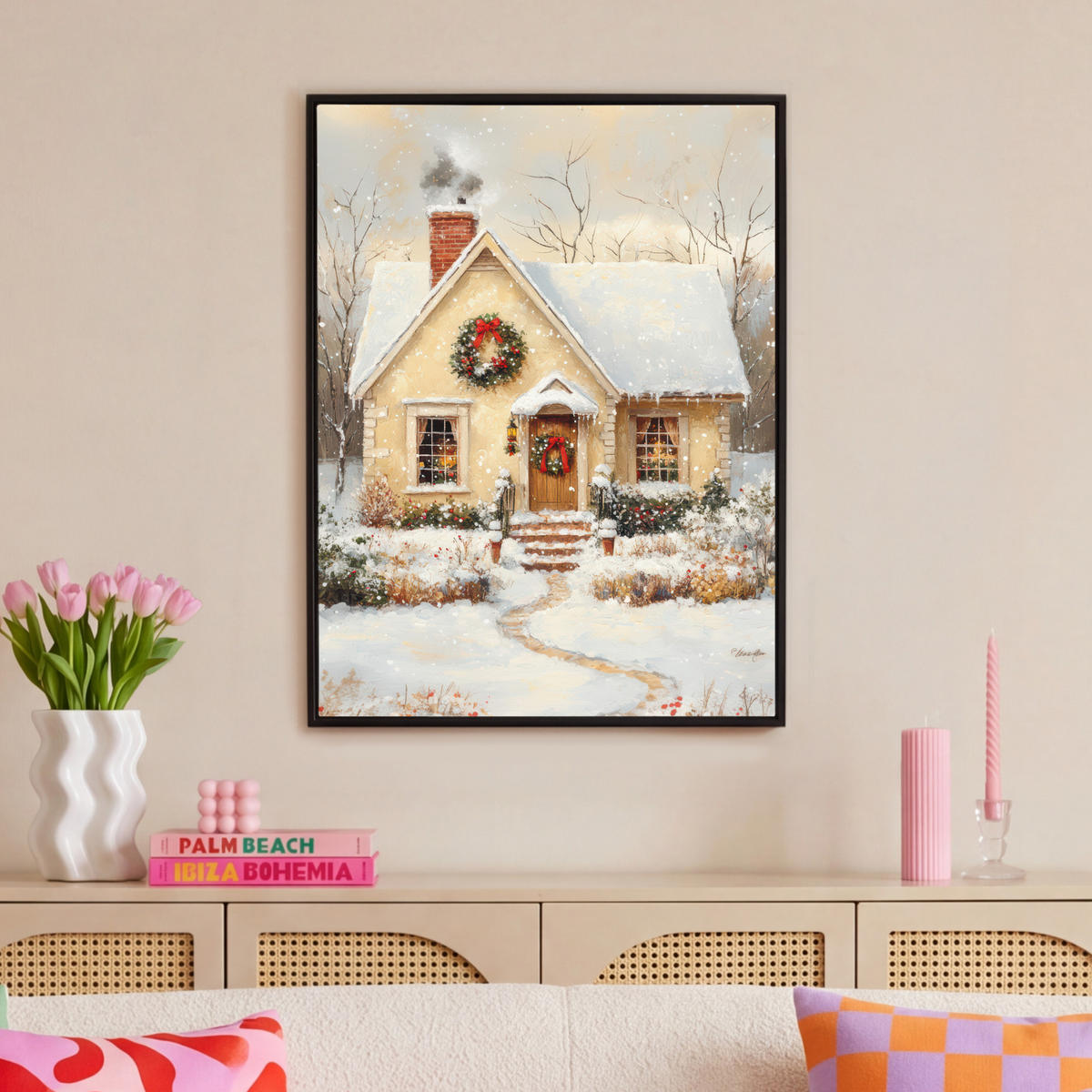 LEINWAND Bilder mit Rahmen - Weihnachten - Zuhause - Winter - Schnee - 70x100 - Creme, Textil (70/100cm) - MuchoWow