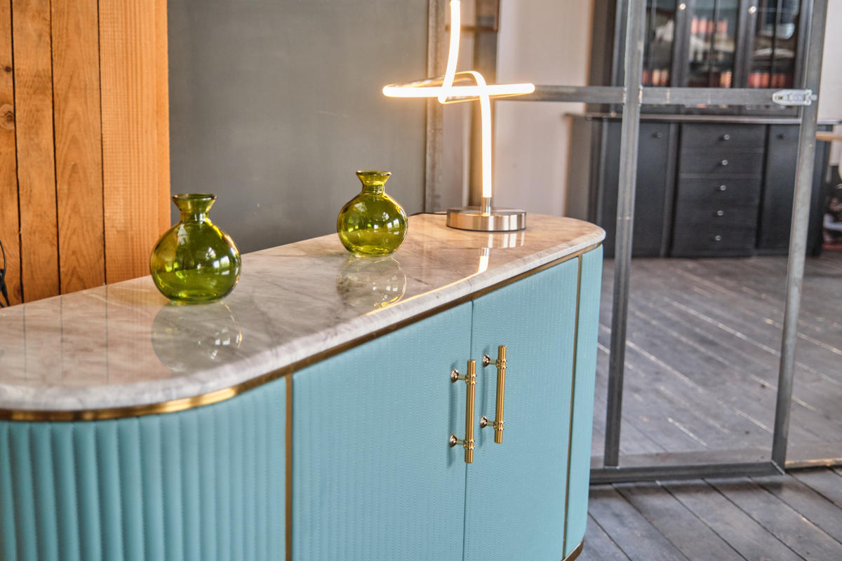 SIDEBOARD MARIA Hellblau Kunstleder - Schwarz/Hellblau, Stein/Metall (150/76/40cm) - KAWOLA