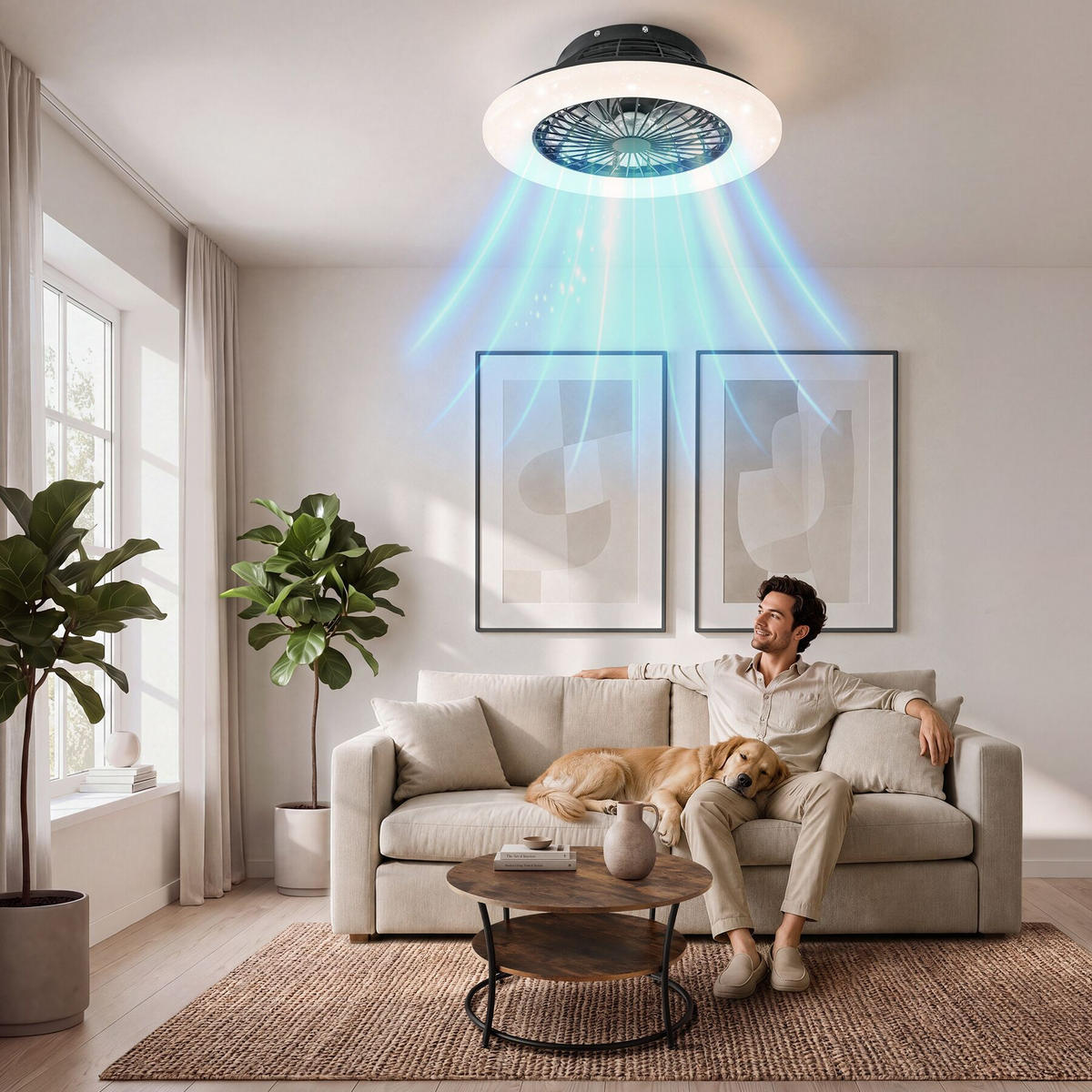 LED DECKENLEUCHTE MIT VENTILATOR Storm, Ø 50 cm, mit Fernbedienung, schwarz - Schwarz, Metall (50/50/17.5cm) - tectake