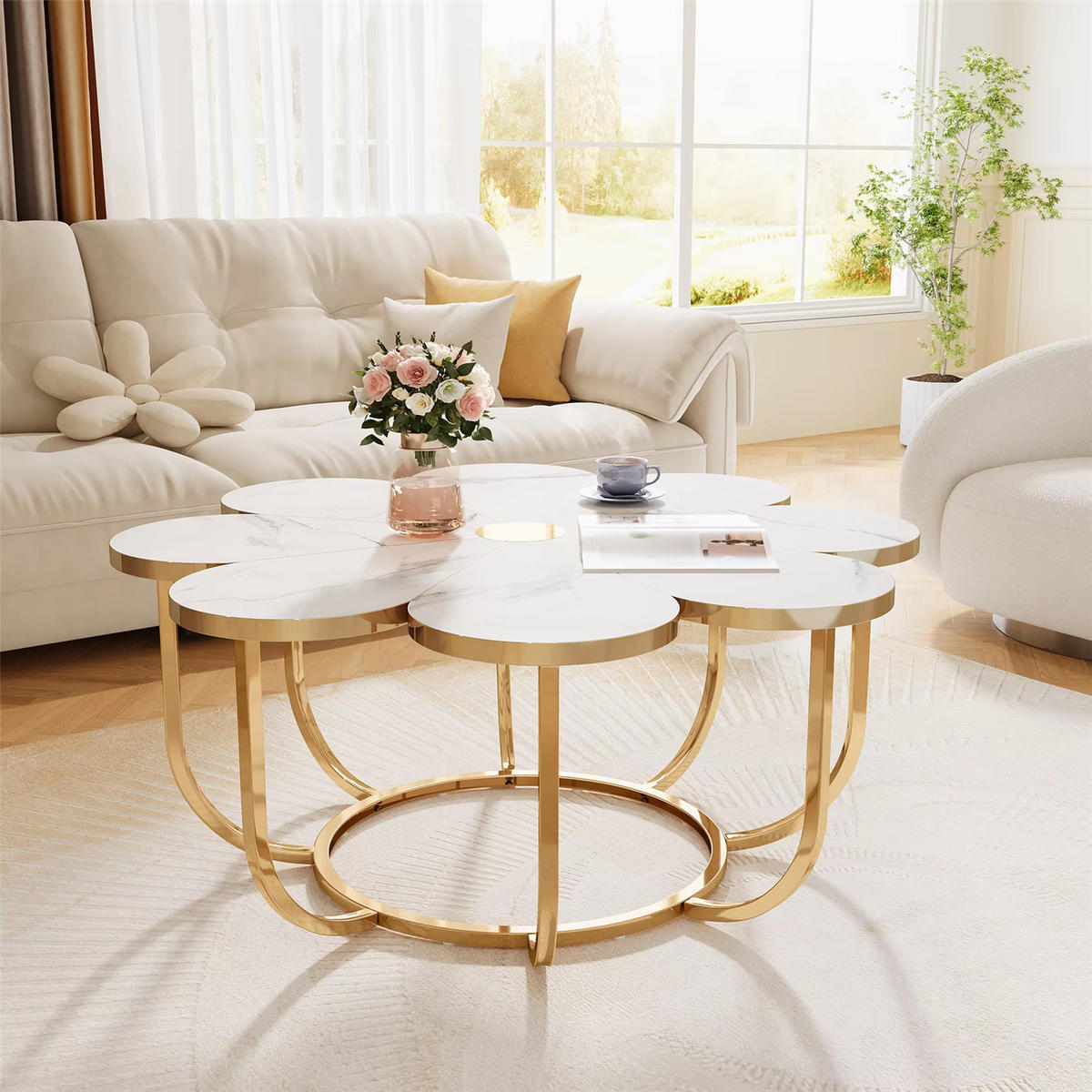 COUCHTISCH Blumenform Weiß Gold Design - Weiß, Metall (100/100/50cm) - Kaket