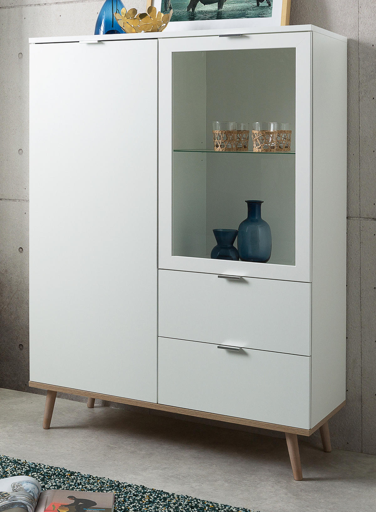 HIGHBOARD weiß matt, Eiche Sonoma massiv, 100 cm, Vitrine skandinavisch - Chromfarben/Eichefarben, Glas/Holz (100/140/40cm) - Furn.Design