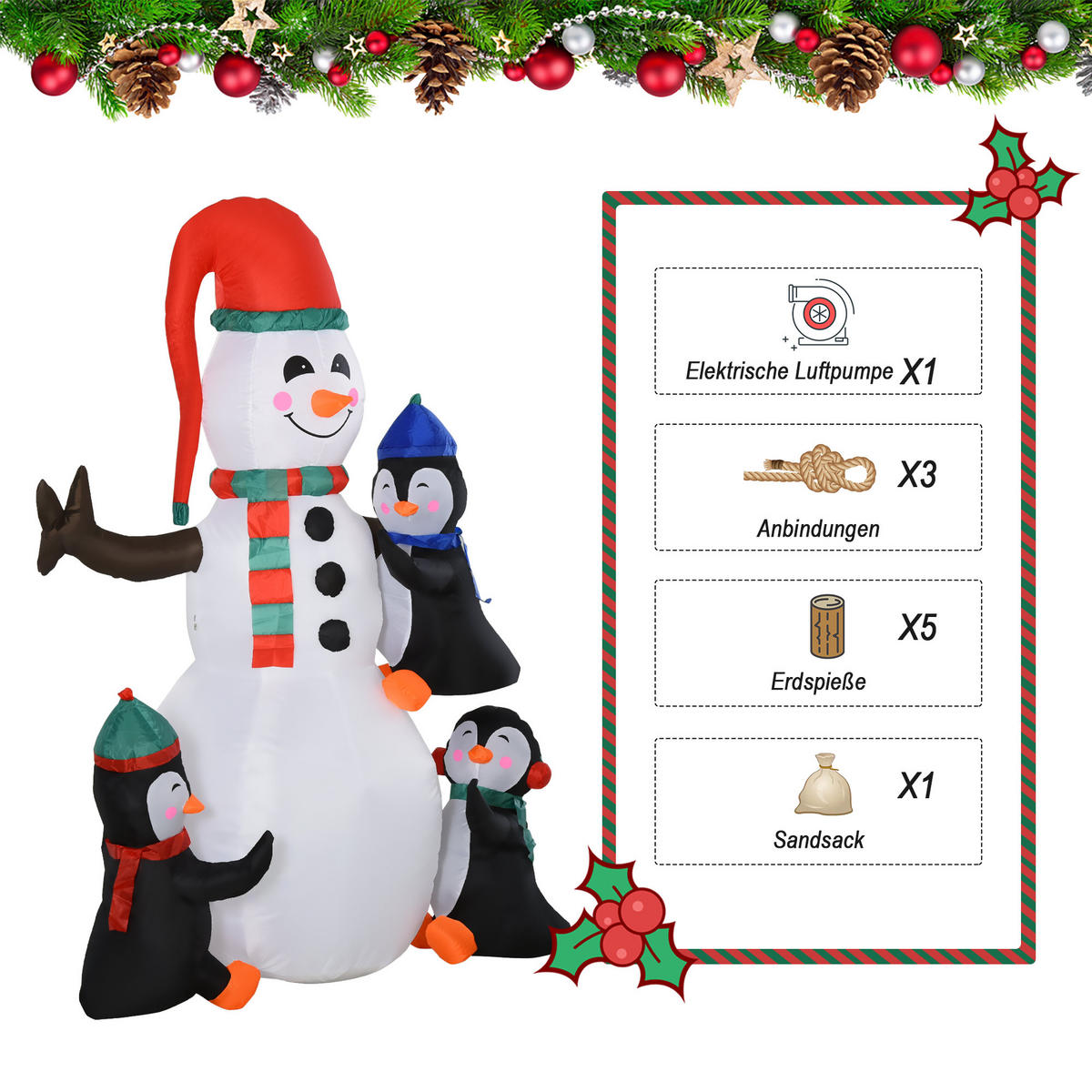 AUFBLASBARER Schneemann, Polyester, Mehrfarbig - Multicolor, Kunststoff (70/180/140cm) - HOMCOM