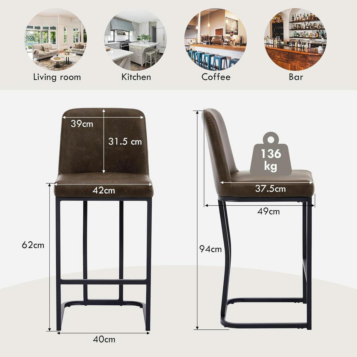 BARHOCKER 4er Set aus PU-Leder Braun - Braun, Kunststoff (42/100/49cm)