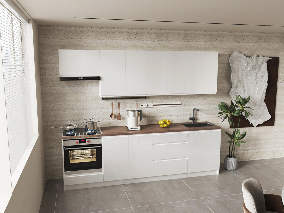 KÜCHENZEILE 260 cm – Aspen KA1-M260 - in Weiß/Hochglanz - Weiß, Holz (260/212/47cm)