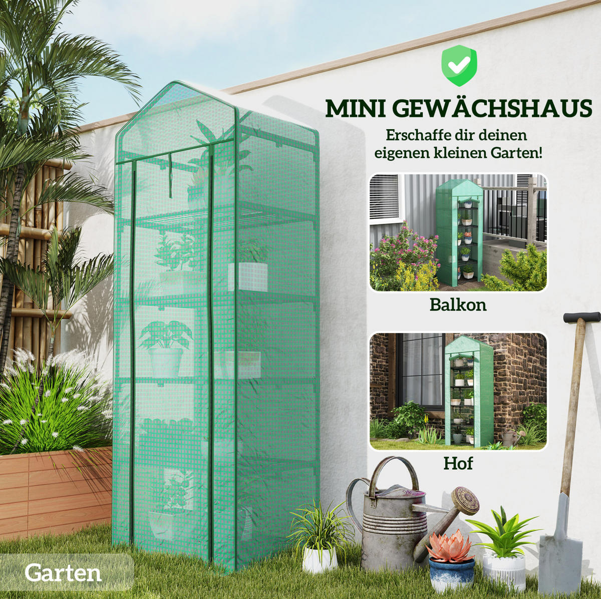 GEWÄCHSHAUS aus Kunststoff 69x49x193 cm in Grün mit 5 Ebenen & Rolltür - Grün, Kunststoff (49/193/69cm) - Modfu