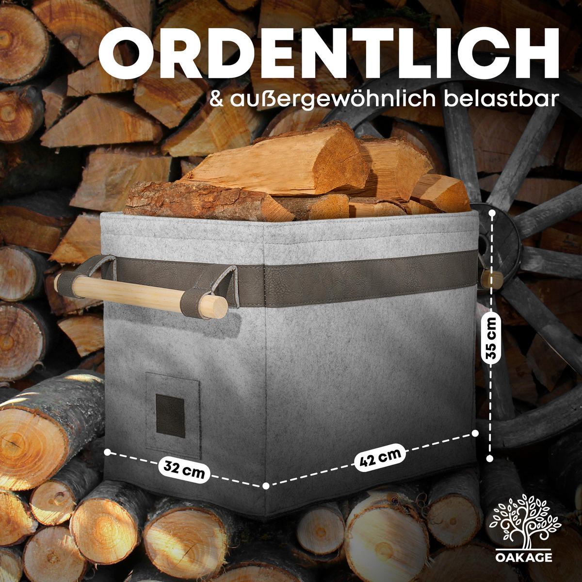 KAMINHOLZKORB Classic Filz mit Metallrahmen für Zusatzstabilität 42/32/35 cm - Grau, Textil (32/35/42cm) - OAKAGE
