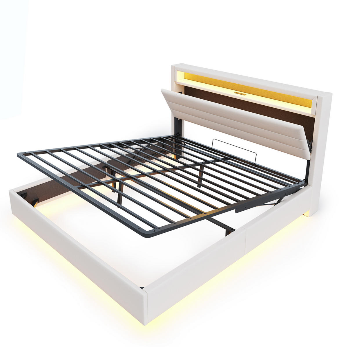 POLSTERBETT 160/200 cm Beige Hydraulisches Stauraumbett mit USB und LED-Beleuchtung - Beige, Textil (160/200cm) - OKWISH
