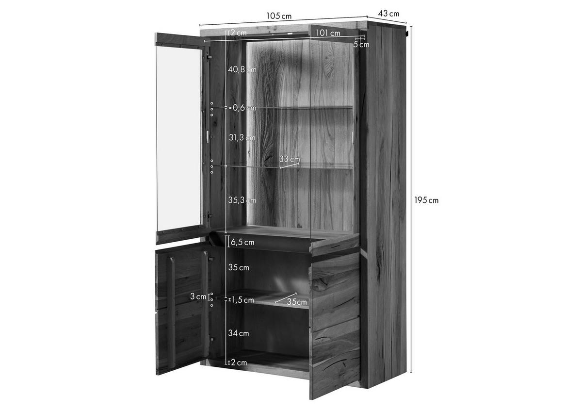 VITRINE Wild-/Zerreiche 105x43x195 natur geölt MONTREUX LUX #115 - Braun, Holz (105/195/43cm) - Massivmoebel24