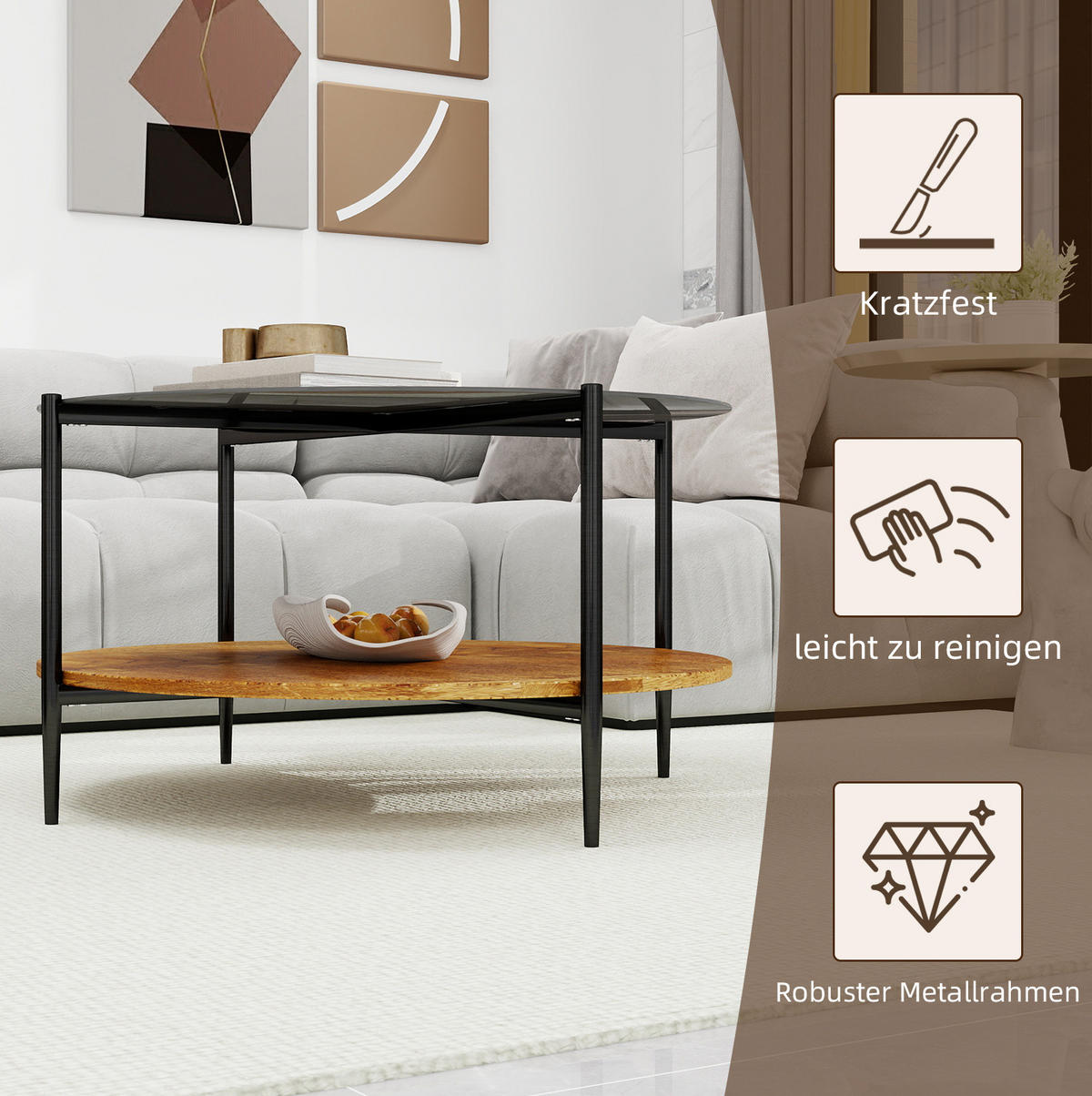 COUCHTISCH Ø 82/45 cm in Schwarz mit Glasplatte und Ablage - Schwarz, Glas (82/82/45cm) - BEAOK