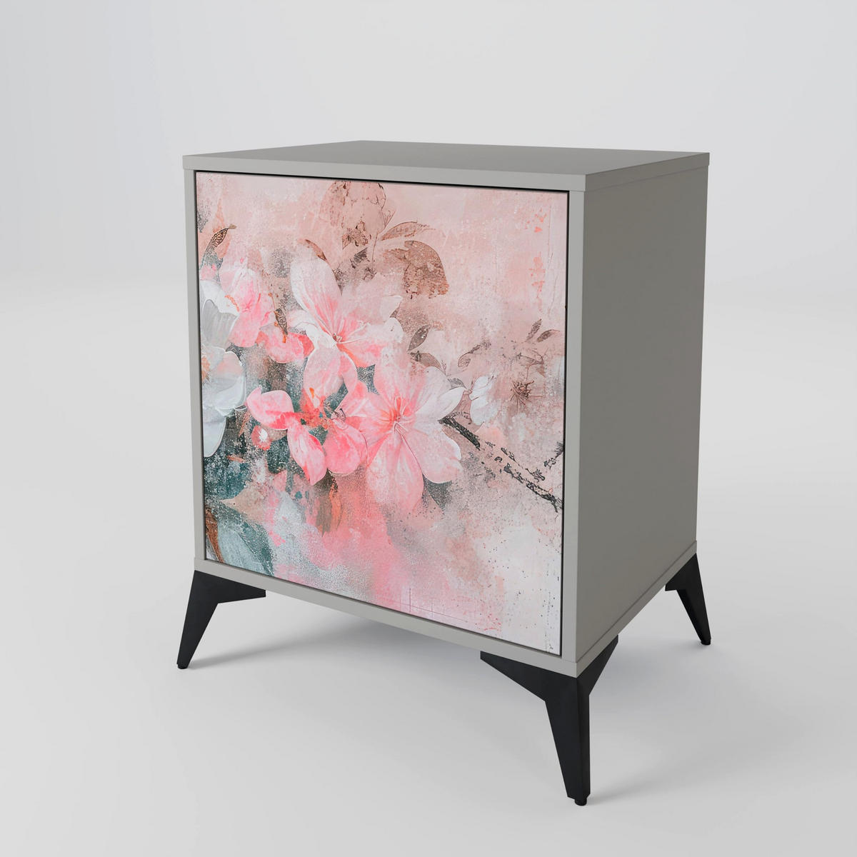 SIDEBOARD CHERRY BLOSSOM, Grau, 57,5x42x72,5 cm, Schwarze Metallfüße - Multicolor/Schwarz, Holzwerkstoff/Metall (57.5/72.5/42cm) - SpaceRebels