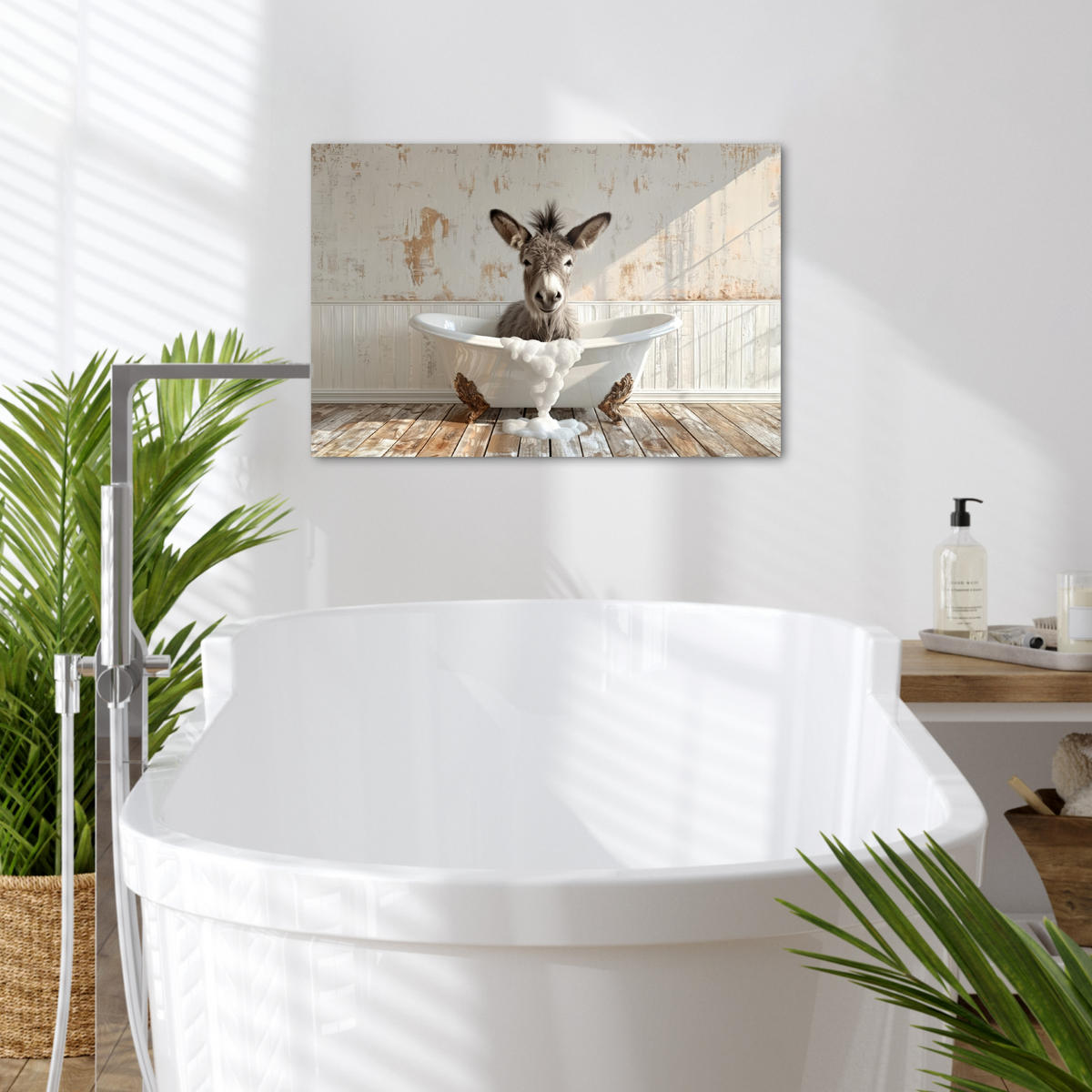 LEINWANDBILD Esel - Tiere - Badewanne - Schaumstoff Gemälde 60x40 cm - Weiß, Textil (60/40cm) - MuchoWow