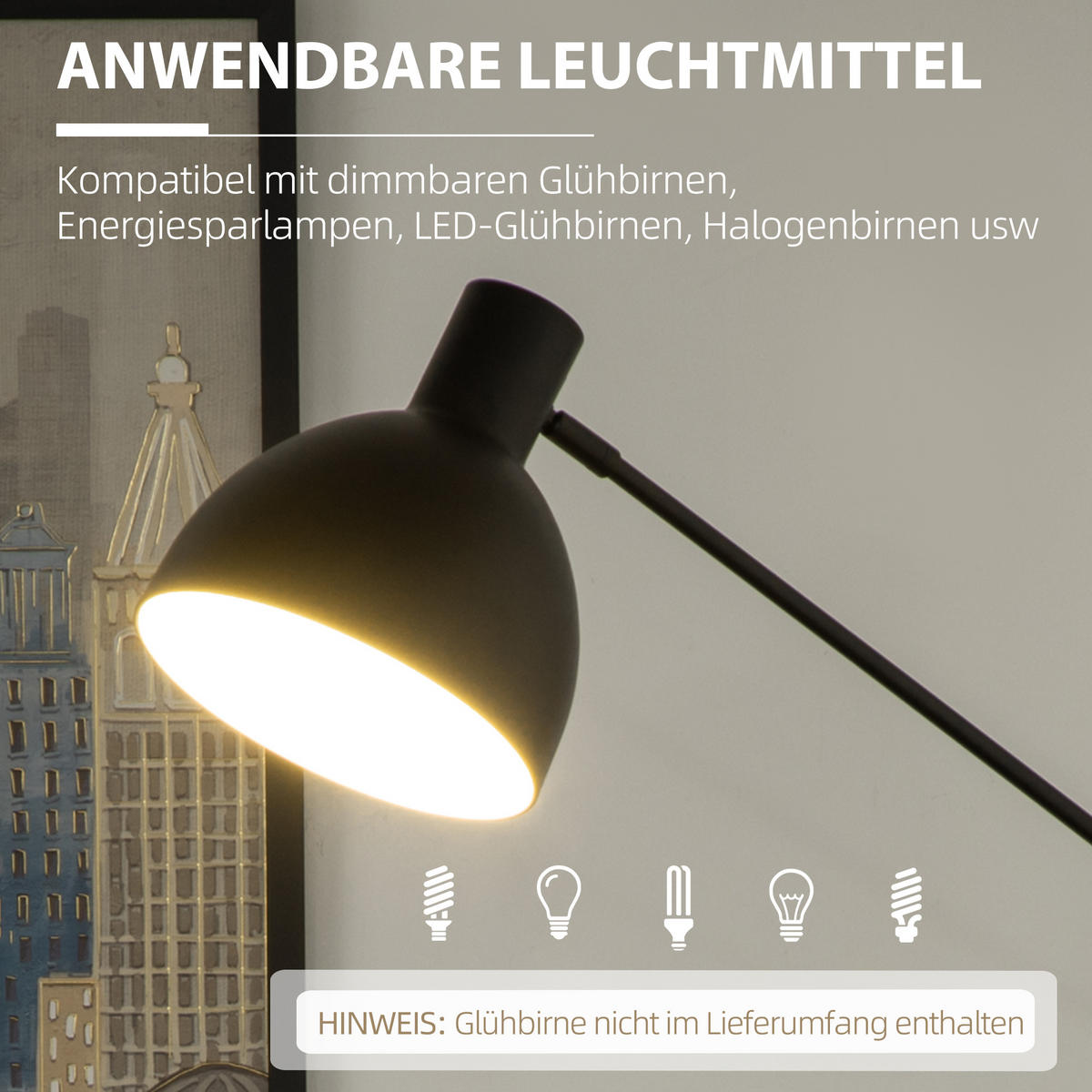 STEHLAMPE höhenverstellbar, 40 W Stehleuchte exkl. Leuchtmittel mit E27 Sockel - Schwarz, Metall (30/30/131cm) - HOMCOM