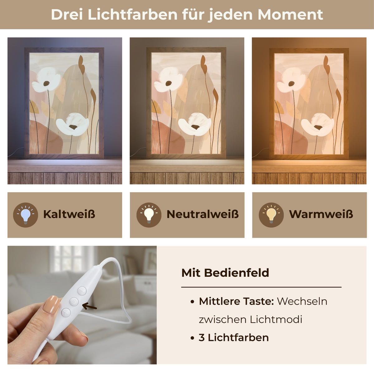 WANDLEUCHTE Blumen - Abstrakt - Beige - Strichzeichnung 20x30 cm - Sandfarben, Holzwerkstoff (20/30/8cm) - OnlyWow