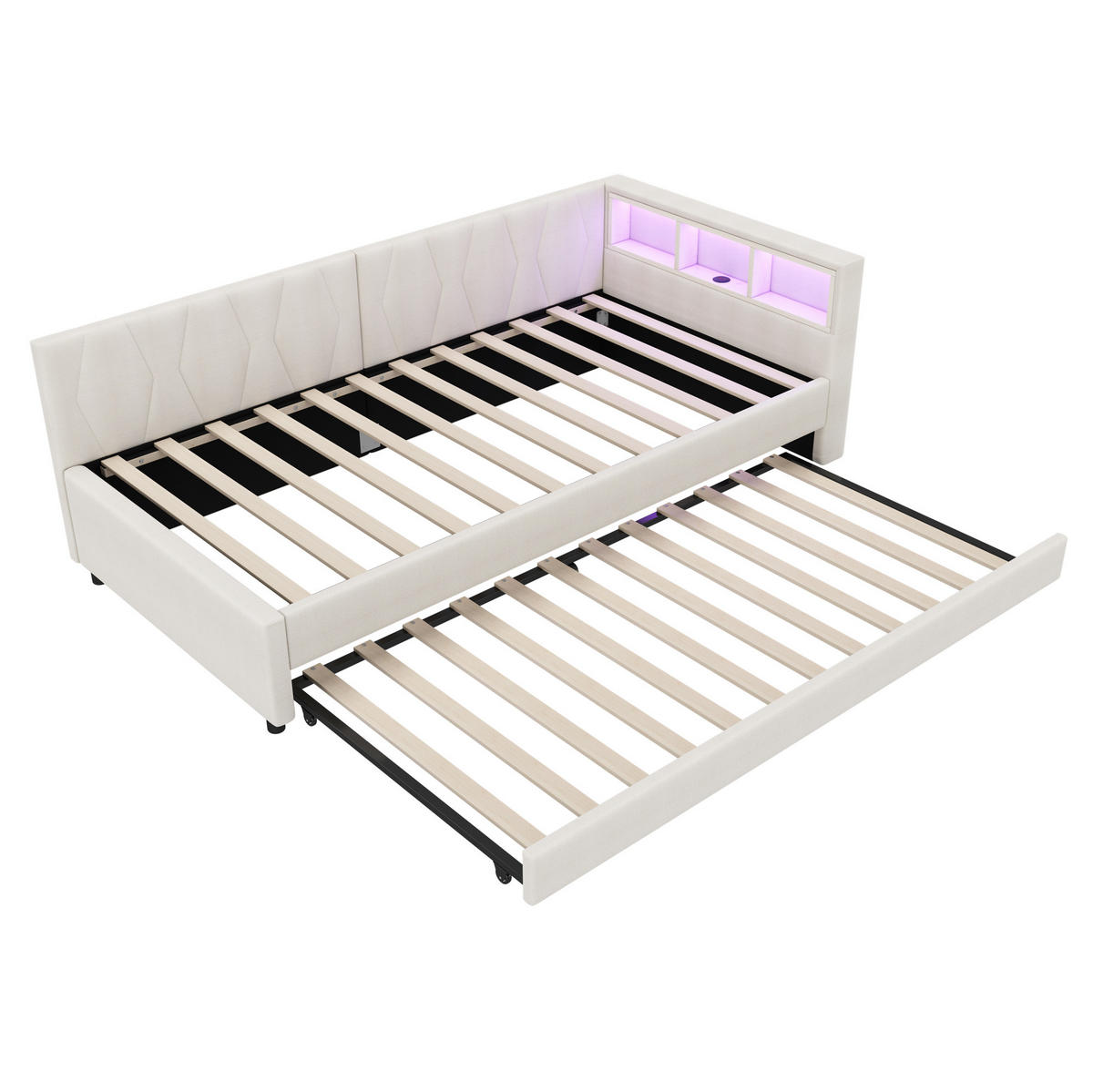 POLSTERBETT 90/200 cm Beige mit LED-Beleuchtung und USB- und Type-C-Anschlüssen - Beige, Textil (90/200cm) - Flora Grace