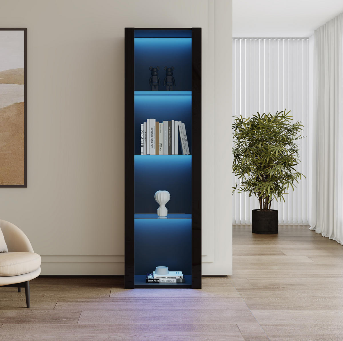 VITRINENSCHRANK aus Spanplatte 55x38x166 cm Schwarz Hochglanz mit LED-Beleuchtung und 3 Glasböden - Schwarz, Holzwerkstoff (55/166/38cm) - IVMEU