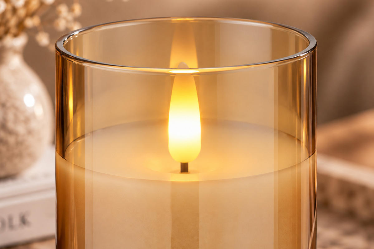 LED-KERZENSET, Glas, Bernstein - Bernsteinfarben, Glas (7.5/7.5/15cm) - dasmöbelwerk