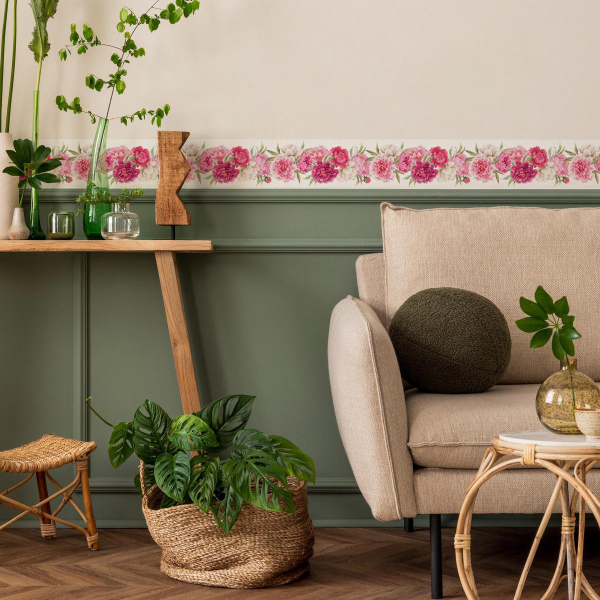 TAPETENBORDÜRE selbstklebend Pfingstrosen Blumen Natur - Beige/Weiß, Papier (10/300/300cm) - Muralo
