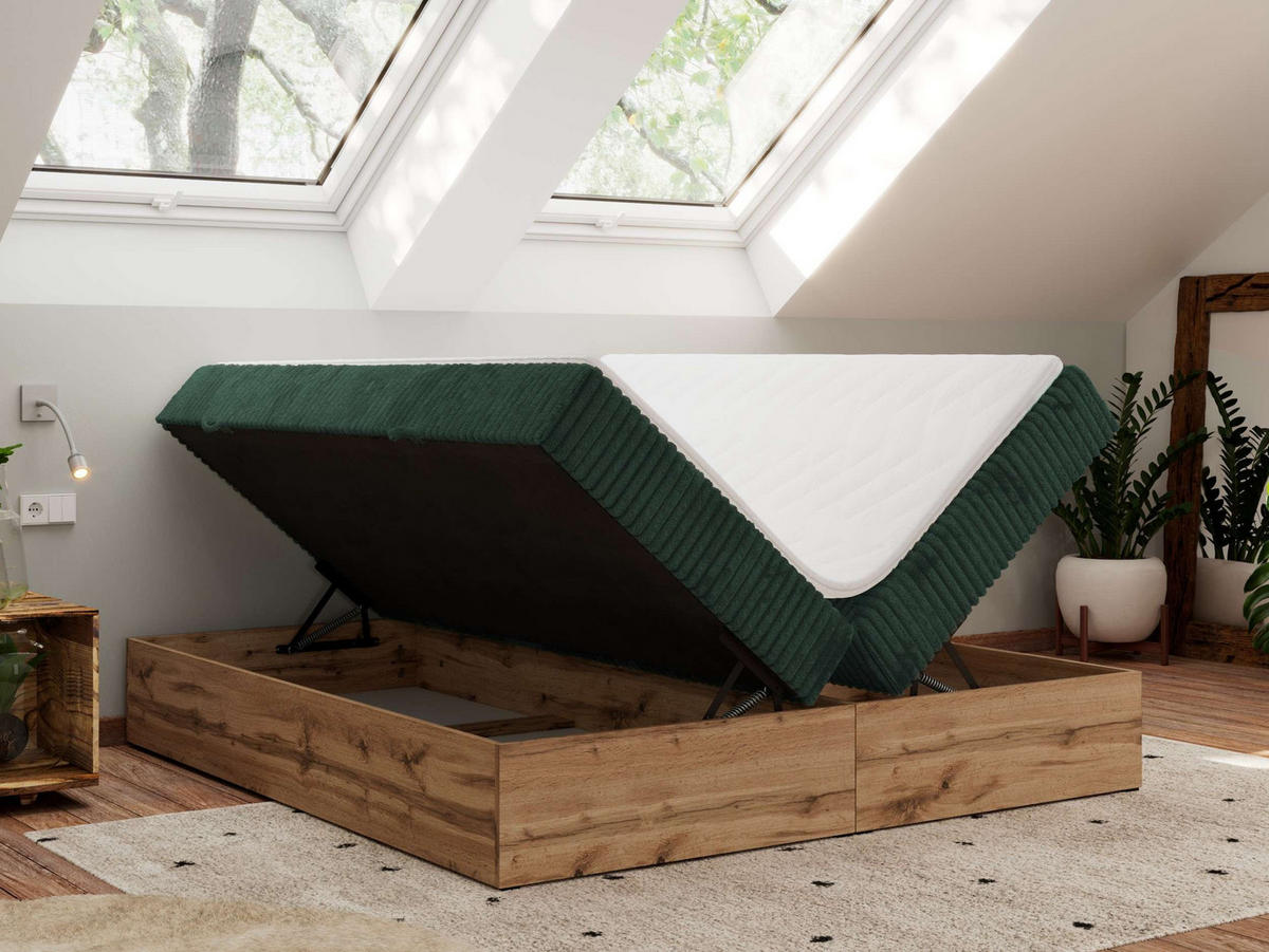 BOXBETT WOOD ZERO 180/200 - Dunkelgrün Cord - H3 - Topper Visco - Dunkelgrün, Textil (180/200cm) - MKS