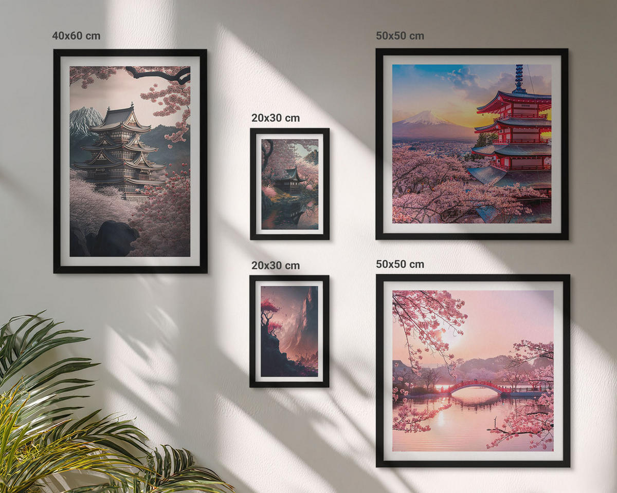 BILDER SET 5er Set - 50x50 cm & 20x30 cm & 40x60 cm Schwarzer Rahmen - Fantasielandschaften Japans - Schwarz, Kunststoff (40/60cm) - TULUP