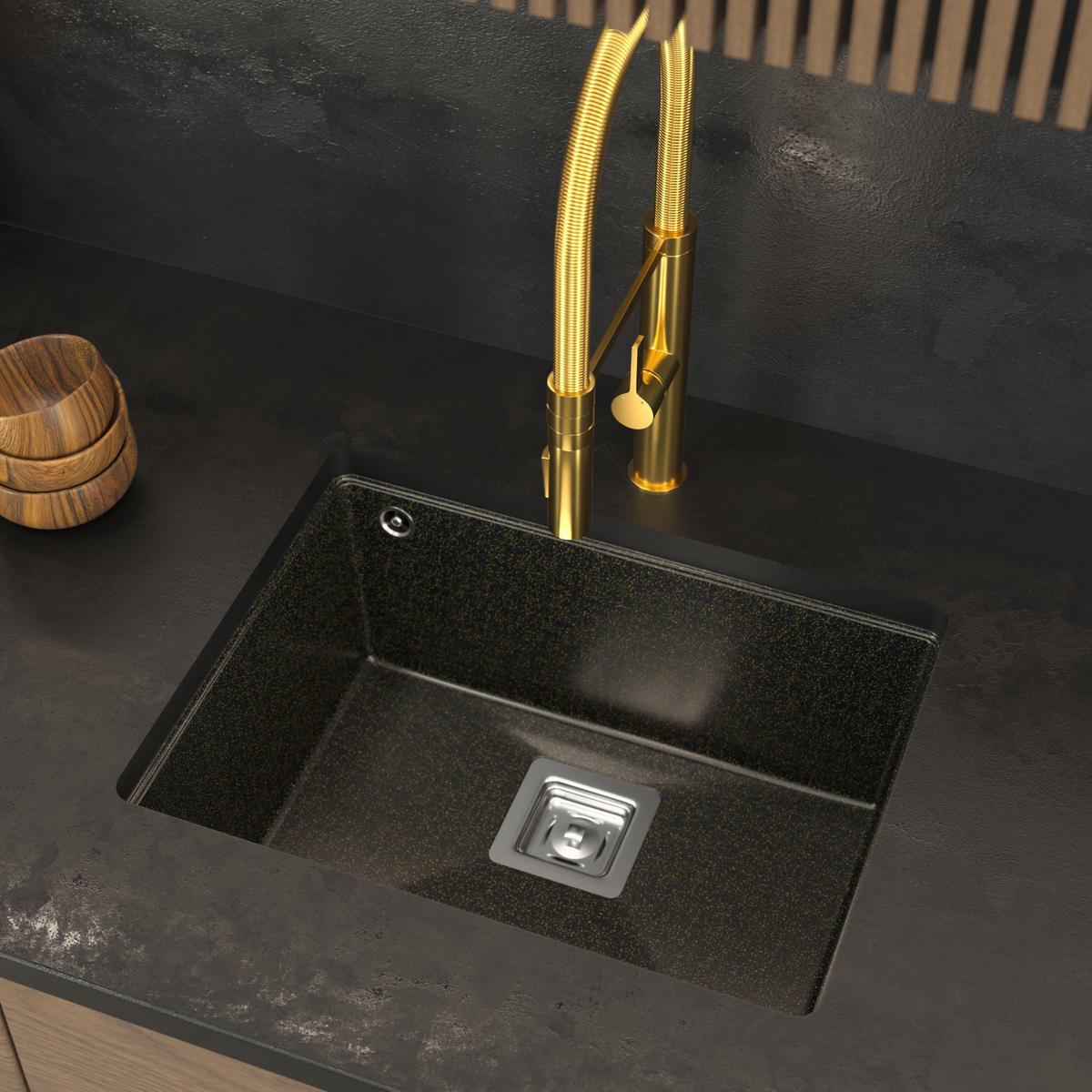 SPÜLBECKEN Napo Schwarz mit goldenen Sprenkeln 550/420 mm 1-tlg. Unterbaugranit inkl. Syphon Chrom - Schwarz, Stein (55/42/20cm) - Granitan