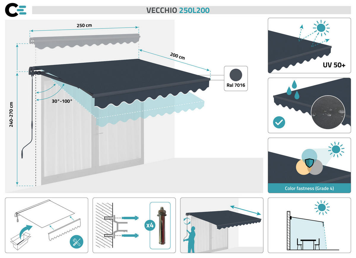 EINTEILIGE MARKISE Vecchio Grau 2,5 m x 2 m - Premium-Leinwand 320g/m² - Grau, Metall (250/270/200cm) - Cazeboo
