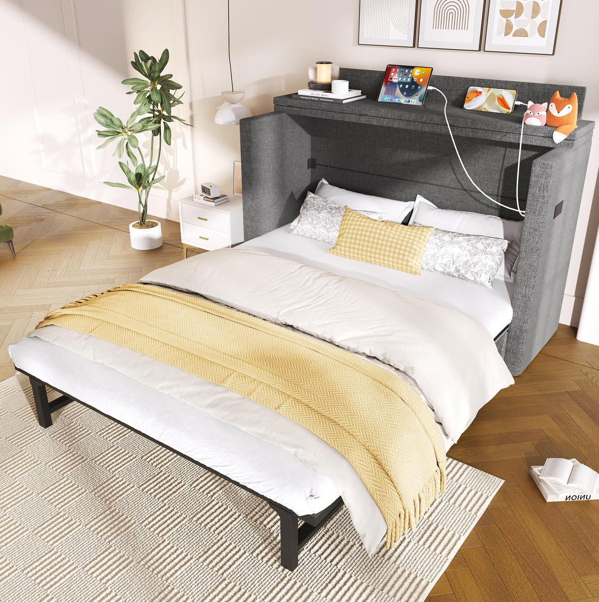 SCHRANKBETT aus Leinen 140x200 cm Grau mit USB- und Typ-C-Anschlüssen, Schublade und wandelbarem Ablagefach - Grau, Textil (90/200cm) - Modfu